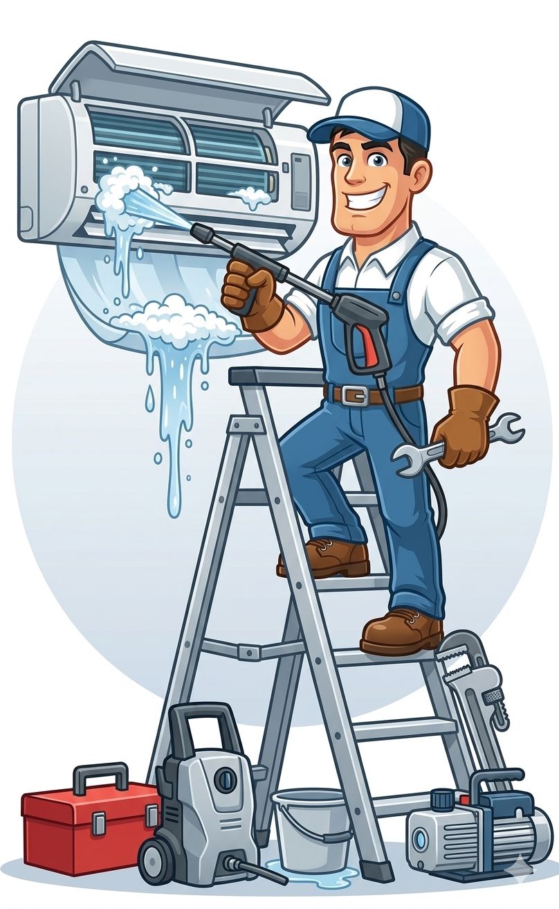 Urban AC technician illustration cleaning an AC unit