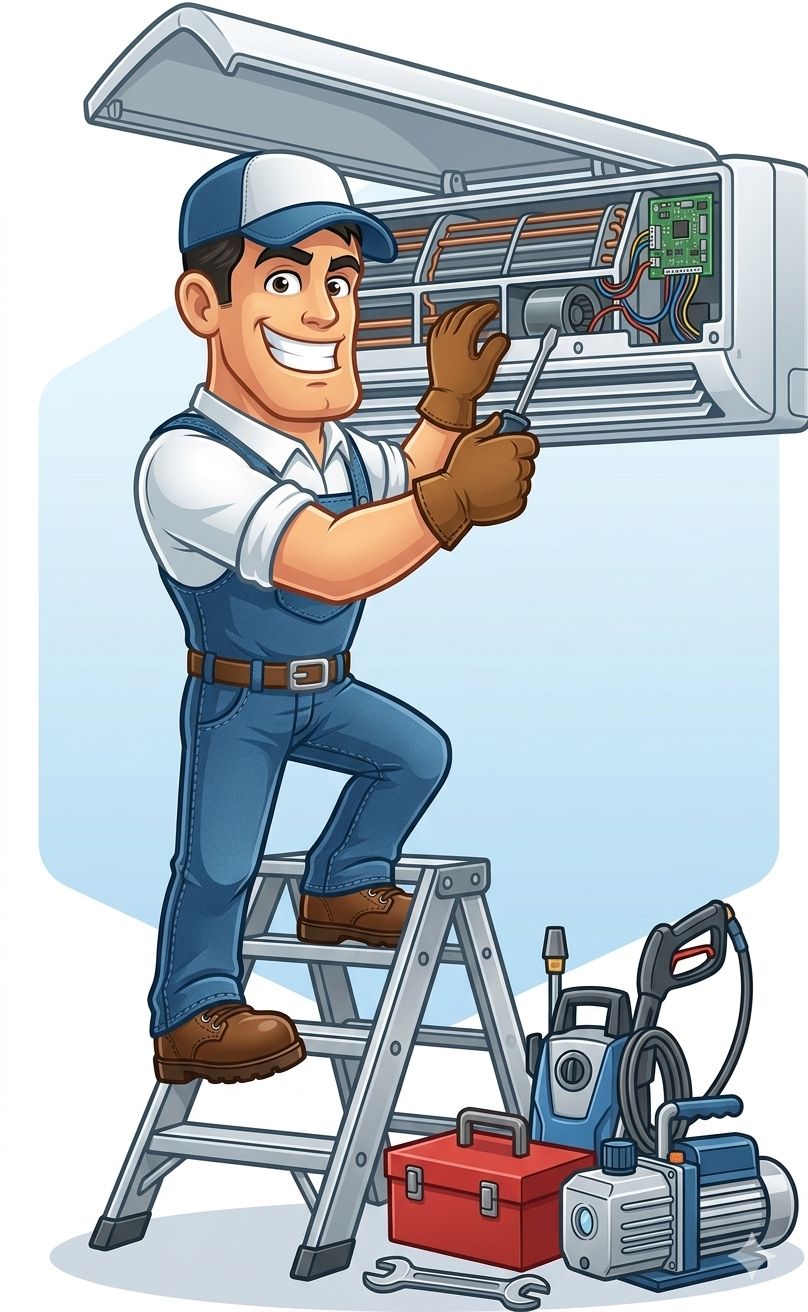 Urban AC technician illustration repairing an AC unit